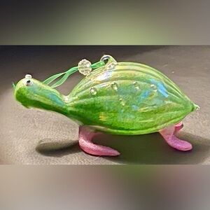 Vintage Pier 1  Iridescent with Glitter Green & Pink Glass Sea Turtle Ornament